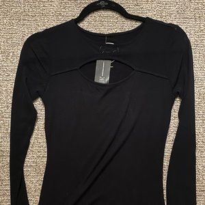 INC Black Mesh Accent Long Sleeve Top